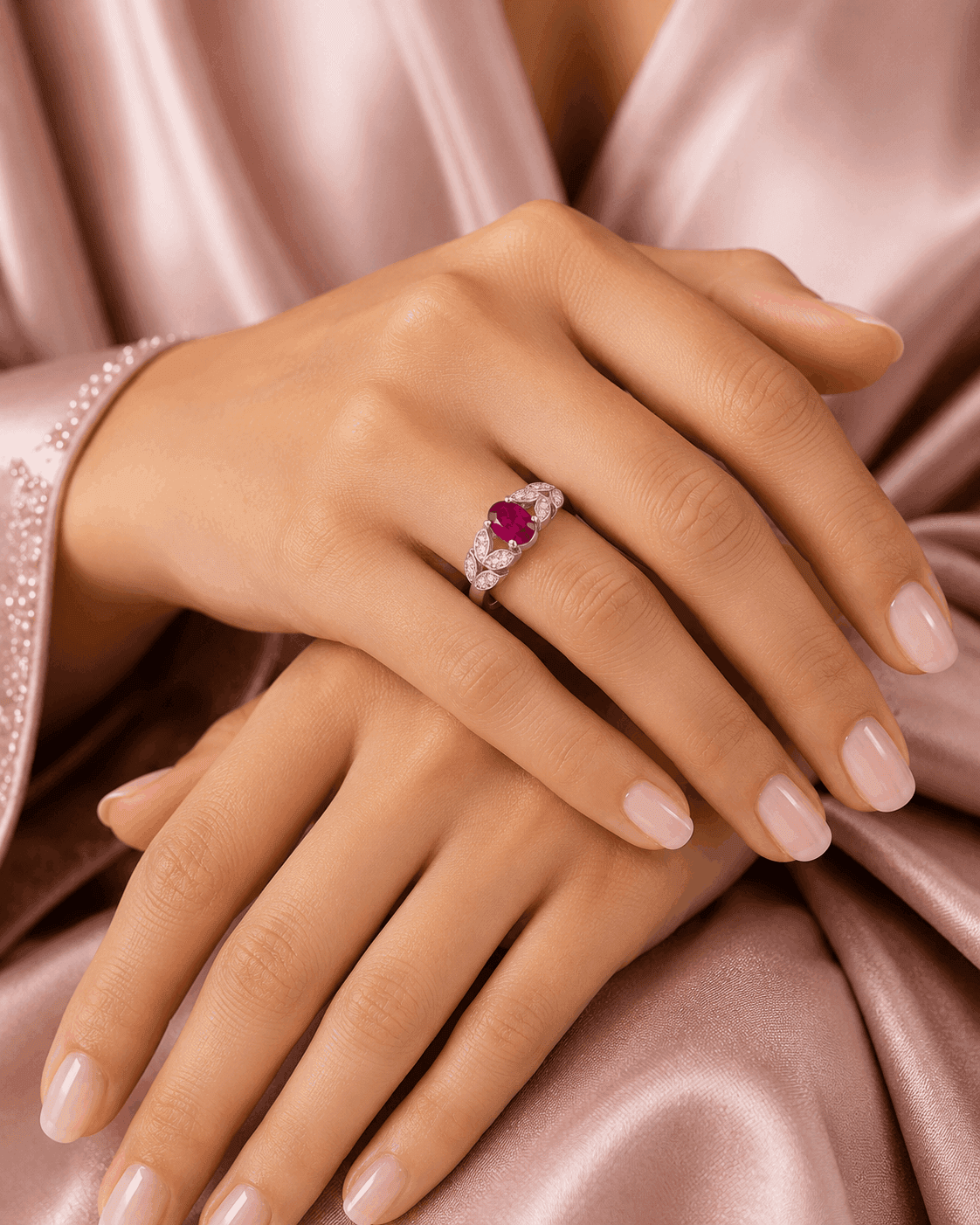 Vibrant Ruby Foliage Silver Ring view 2