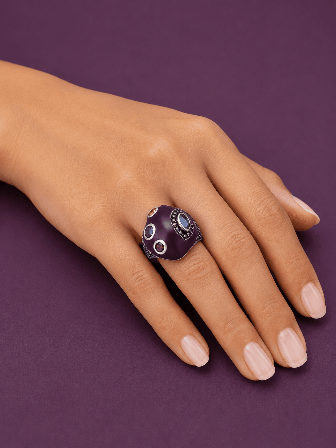 Purple Enamel Multi Gemstone Sterling Silver Ring view 2