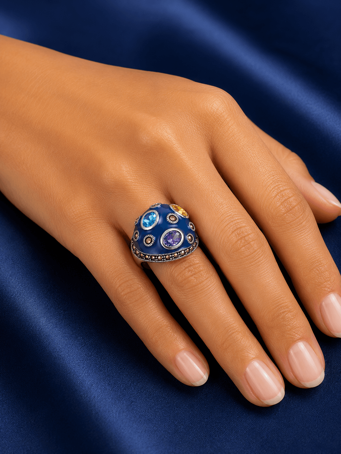 Blue Enamel Multi Gemstone Sterling Silver Ring view 2