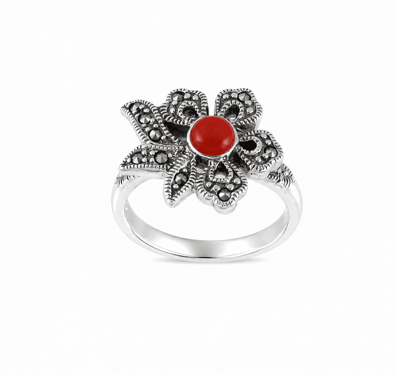 Red Coral Floral Oxidized Silver Ring