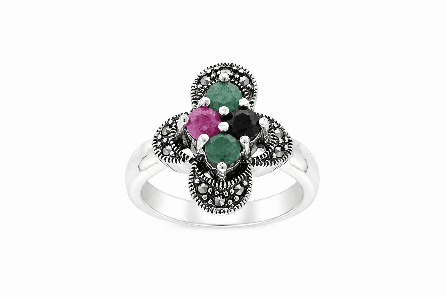 Multicolor Gemstone Oxidized Silver Floral Ring