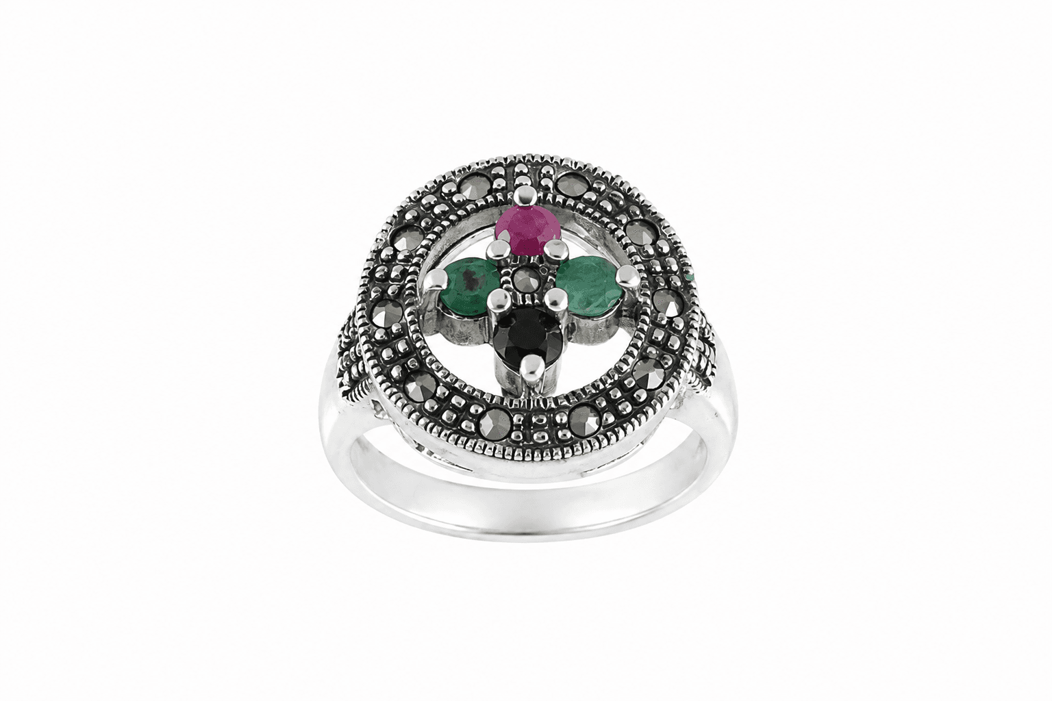 Multicolor Gemstone Floral Oxidized Silver Ring