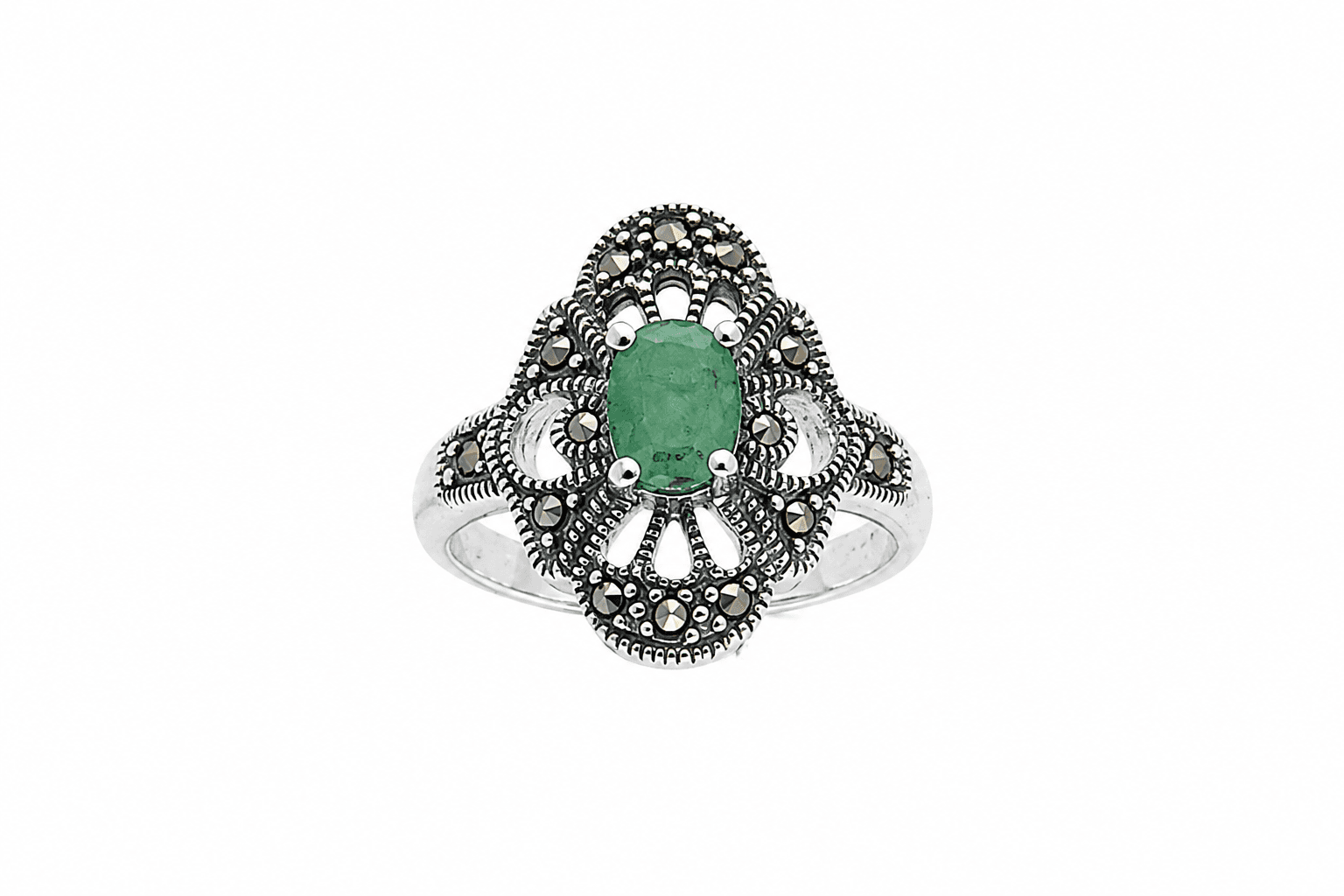 Green Emerald Floral Oxidized Silver Ring