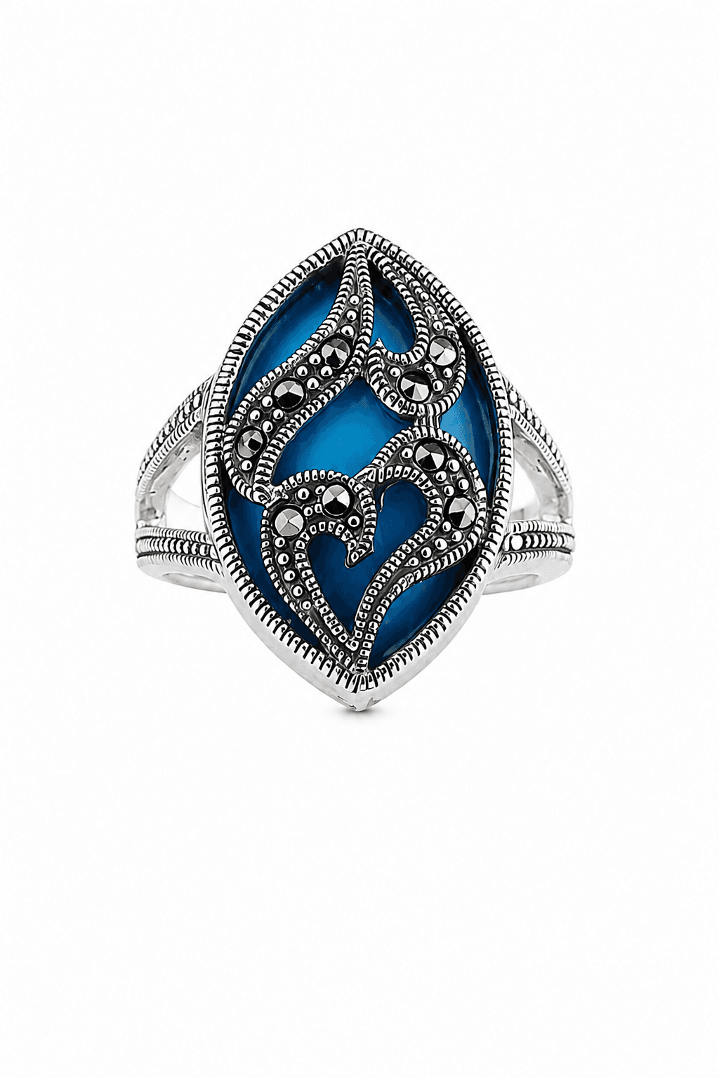Blue Teardrop Filigree Silver Ring